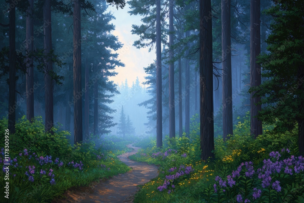 Misty Forest Pathway Surrounded by Lush Green Foliage and Flowers Misty Forest Pathway Surrounded by Lush Green Foliage and Flowers