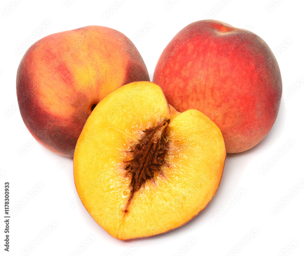 Peach whole and slices isolated on white background Peach whole and slices isolated on white background