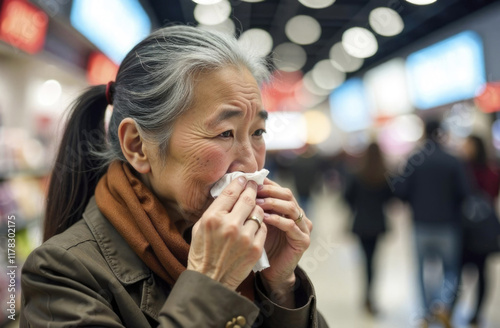 Elderly Asian woman sneezing in a tissue in the shopping mall.