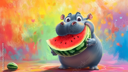 Cute hippopotamus enjoying a juicy watermelon slice against a vibrant colorful background. photo