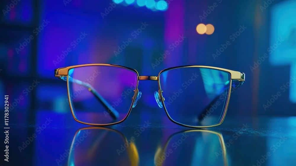Stylish Golden Eyeglasses in Neon Light Stylish Golden Eyeglasses in Neon Light