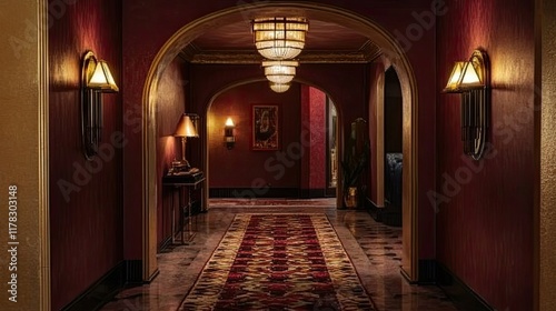 Opulent Art Deco Hotel Corridor: A Luxurious Interior