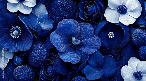 Close-up of various blue and white flowers.