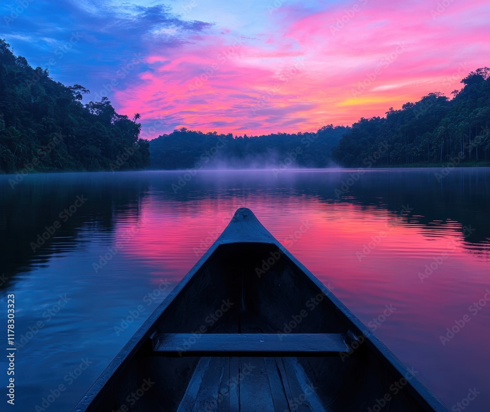 Serene Sunset Reflection Over Calm Water with Canoe in Foreground Serene Sunset Reflection Over Calm Water with Canoe in Foreground