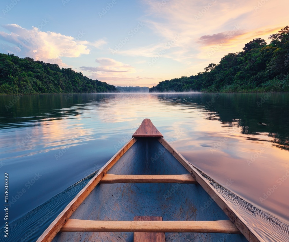Tranquil Canoe Ride on Serene Lake at Sunrise with Reflections Tranquil Canoe Ride on Serene Lake at Sunrise with Reflections