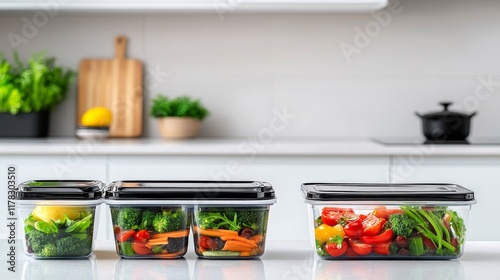 Fresh vegetables stored in clear containers on a kitchen countertop for meal prep. photo