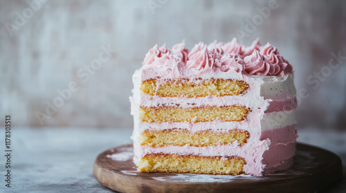 layered cake with pink and white frosting, showcasing elegant design and texture. Perfect for celebrations, this dessert is visually appealing and delicious