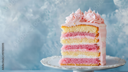 layered cake with pink and white frosting, showcasing elegant design and delightful textures. Perfect for celebrations, this cake is visually appealing and delicious