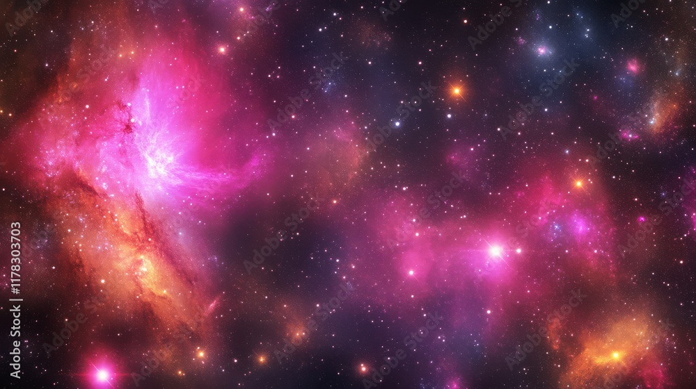 Naklejka premium A stunning cosmic scene featuring vibrant pink and purple nebulae set against a backdrop of sparkling stars and deep space.