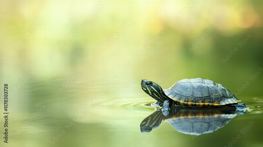 Obraz premium little turtle gliding gracefully through water, creating gentle ripples. serene environment enhances peacefulness of this aquatic scene