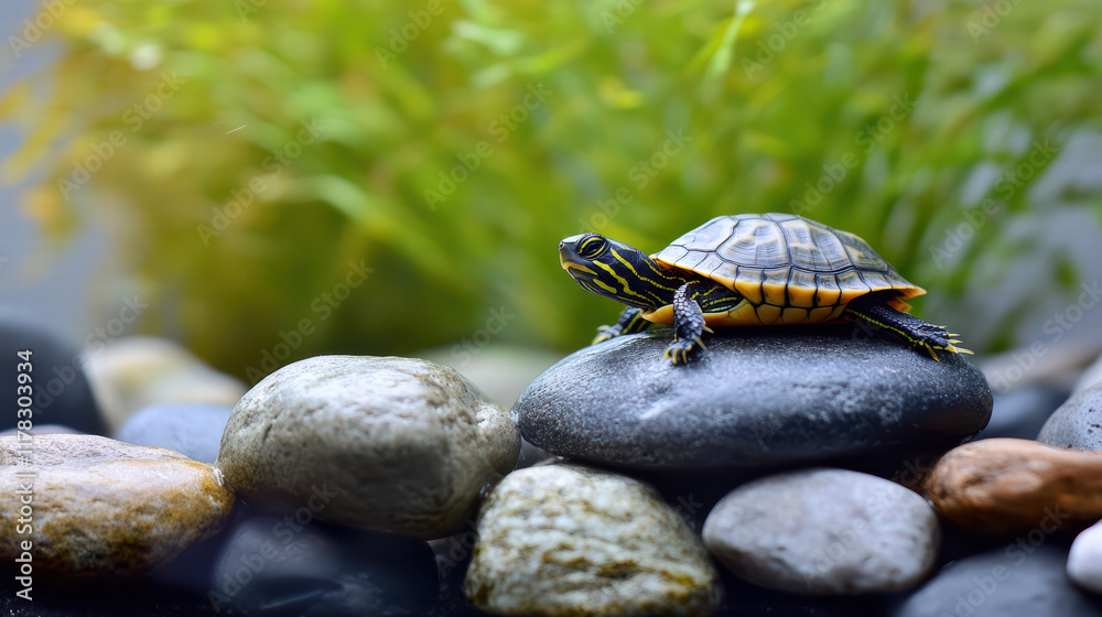 Obraz premium little turtle resting on smooth rocks in serene underwater environment, surrounded by lush green plants, creating peaceful aquatic scene