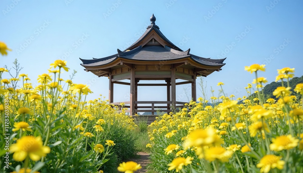Wooden gazebo in yellow flower field under blue sky Wooden gazebo in yellow flower field under blue sky