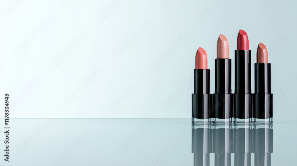Artistic arrangement of lipsticks in various shades on reflective surface