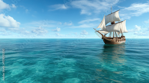 detailed pirate ship sailing on calm turquoise waters under blue sky