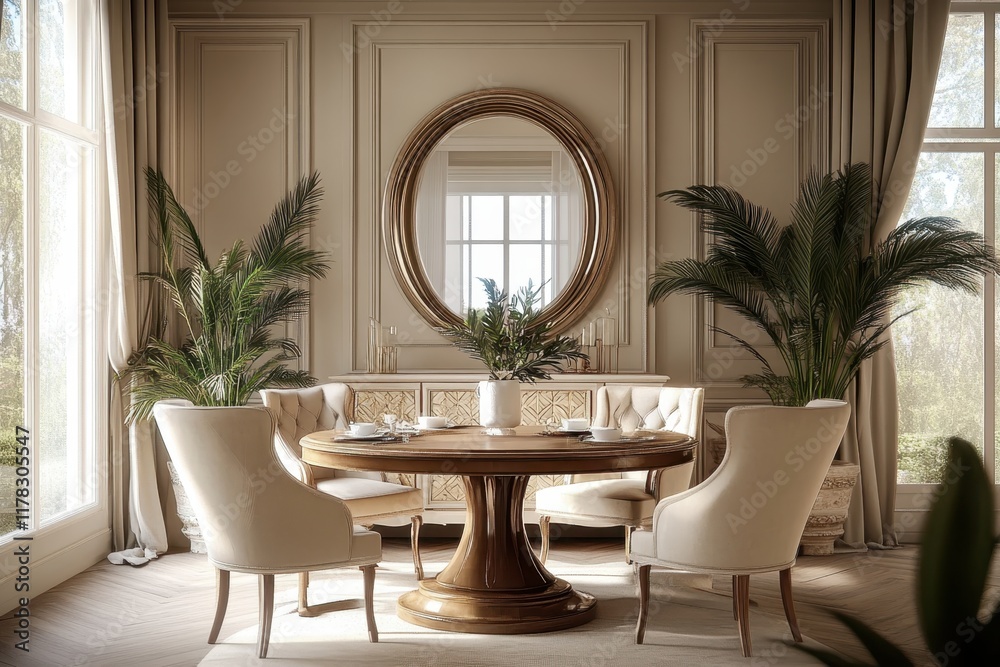 Fototapeta premium Elegant dining room, round wooden table, beige upholstered chairs, large circular mirror, natural light, indoor plants, neutral color palette, modern rustic design, white walls, arched windows, minima