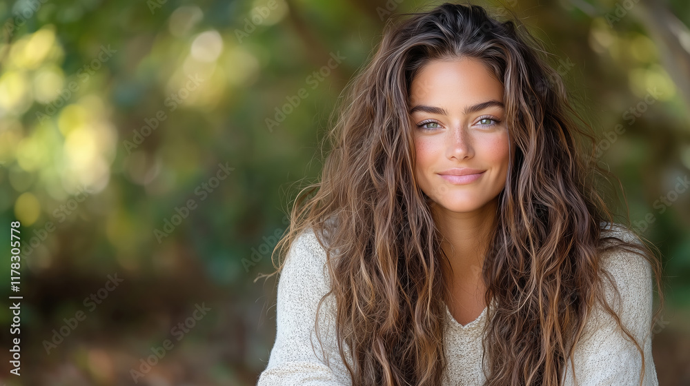 smiling woman with long, wavy hair in natural setting smiling woman with long, wavy hair in natural setting