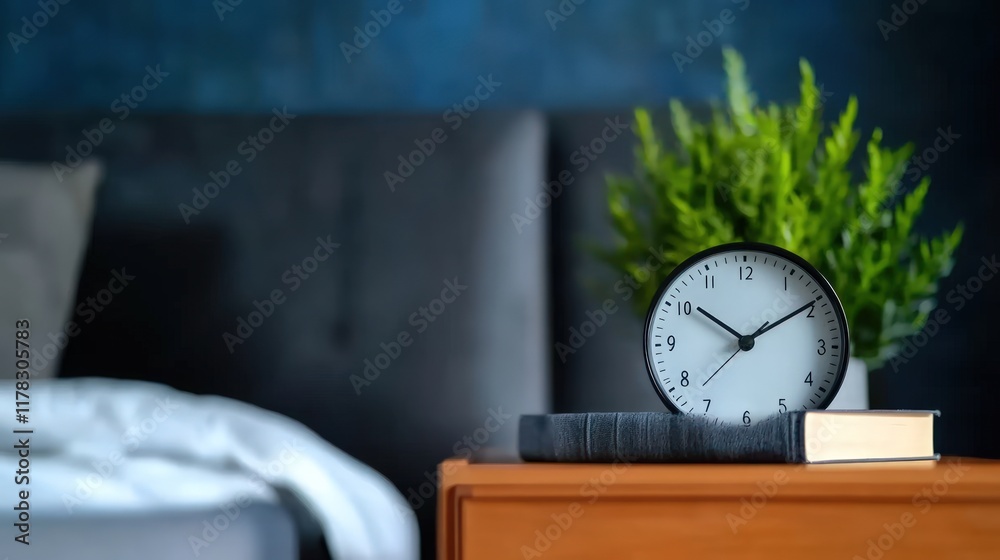 Naklejka premium Peaceful Bedroom Setting with Clock, Plant, and Book