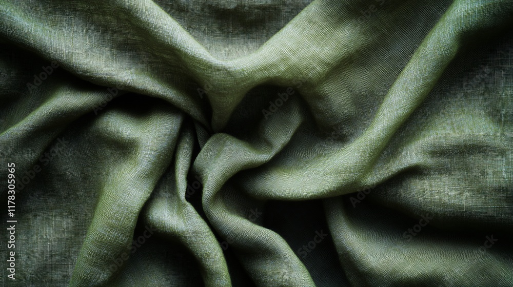 Close-up of textured olive green fabric with wrinkles and folds creating swirling pattern. Close-up of textured olive green fabric with wrinkles and folds creating swirling pattern.