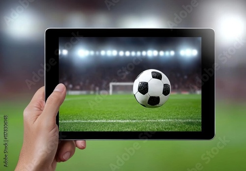 Hand Holding Tablet Displaying Soccer Ball in Stadium Atmosphere