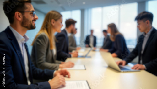 Business people seated at meeting table. Attendees registering participating in business event. Blurred background shows office setting. Pro atmosphere. Conference seminar in progress. Corporate