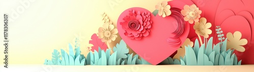 Valentine's Day paper cut out background concept. Colorful paper hearts and flowers against a soft background