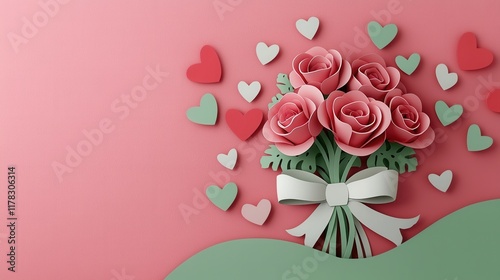 Valentine's Day paper cut out background concept. Paper bouquet with hearts on a pink background, perfect for romantic themes