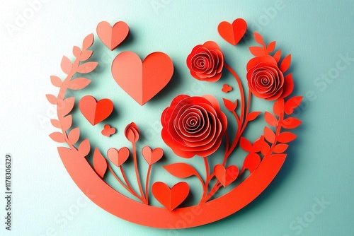 Valentine's Day paper cut out background concept. Paper art design featuring red flowers and hearts on a blue background
