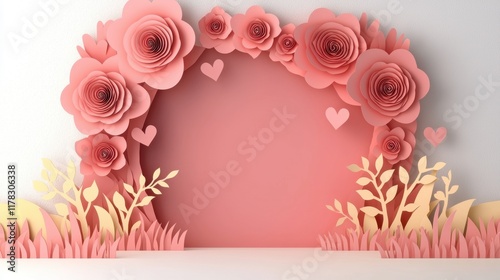 Valentine's Day paper cut out background concept. Paper flower arch with pink roses and decorative foliage on a soft background