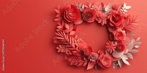 Valentine's Day paper cut out background concept. Vibrant red floral wreath on a textured background