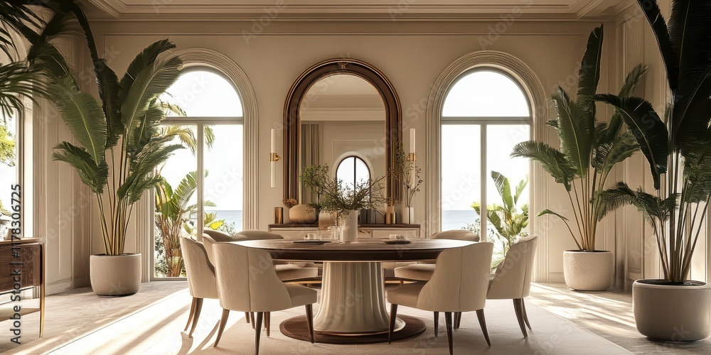 Fototapeta premium Elegant dining room, round wooden table, beige upholstered chairs, large circular mirror, natural light, indoor plants, neutral color palette, modern rustic design, white walls, arched windows, minima