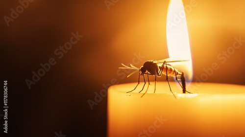 mosquito buzzing near warm candle flame, creating serene atmosphere. soft glow of candlelight contrasts with delicate features of insect, evoking sense of calm