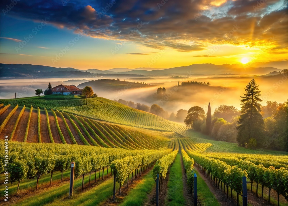 Fototapeta premium Sunrise Vineyard Landscape Photography: Rolling Hills, Misty Valley, Golden Hour, Wine Country Scenery, Architectural Photography