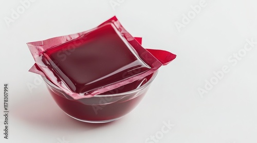 Cut-out of a packet of gelatin powder with a bowl, isolated on a white background. The clear depiction of the gelatin packet and bowl emphasizes the essential ingredients for desserts and culinary 