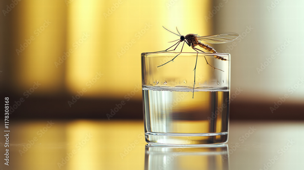mosquito perched on rim of glass filled with clear water, reflecting light and droplets. scene captures delicate balance of nature and beauty of small details mosquito perched on rim of glass filled with clear water, reflecting light and droplets. scene captures delicate balance of nature and beauty of small details