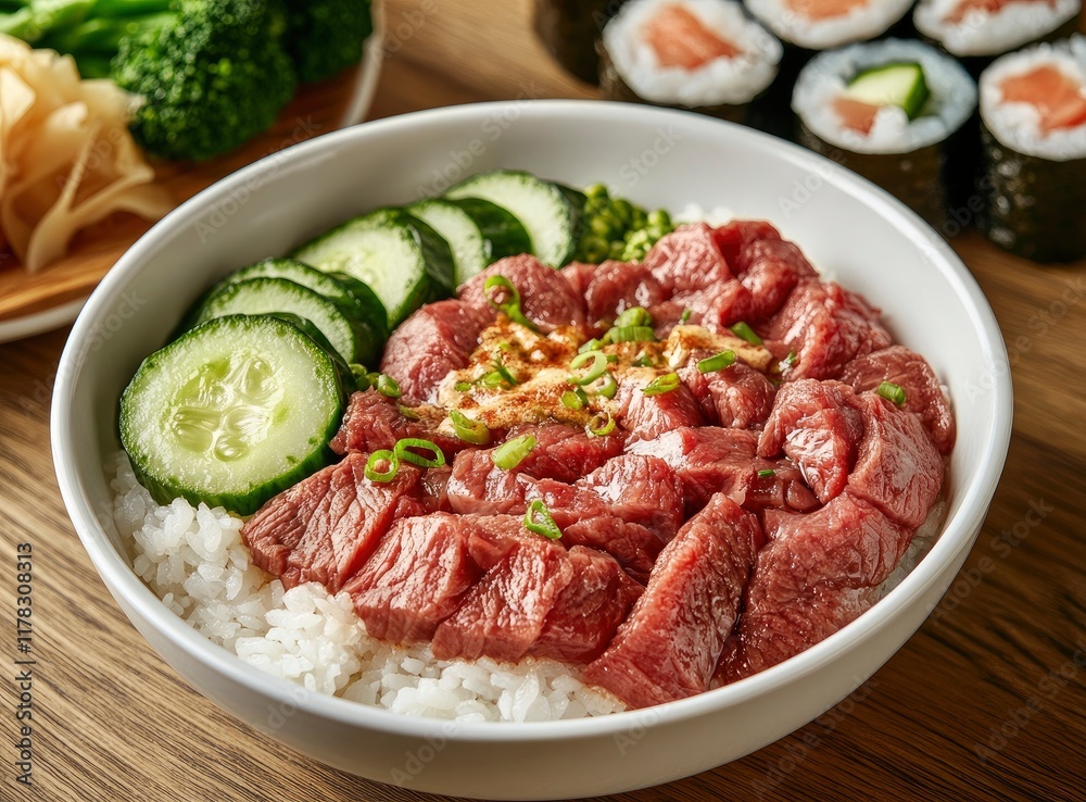 Professionally cut beef in a white bowl with ginger and cucumber, scattered Japanese rolls on a wooden table, close-up of food photography. Close-up of fried meat with rice. Asian dish with ginger
