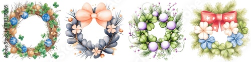 St. Patrick’s Day watercolor icon and element collection concept. Floral wreath designs with vibrant colors and decorative elements