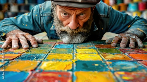 Artist examines colorful mosaic tile artwork in studio