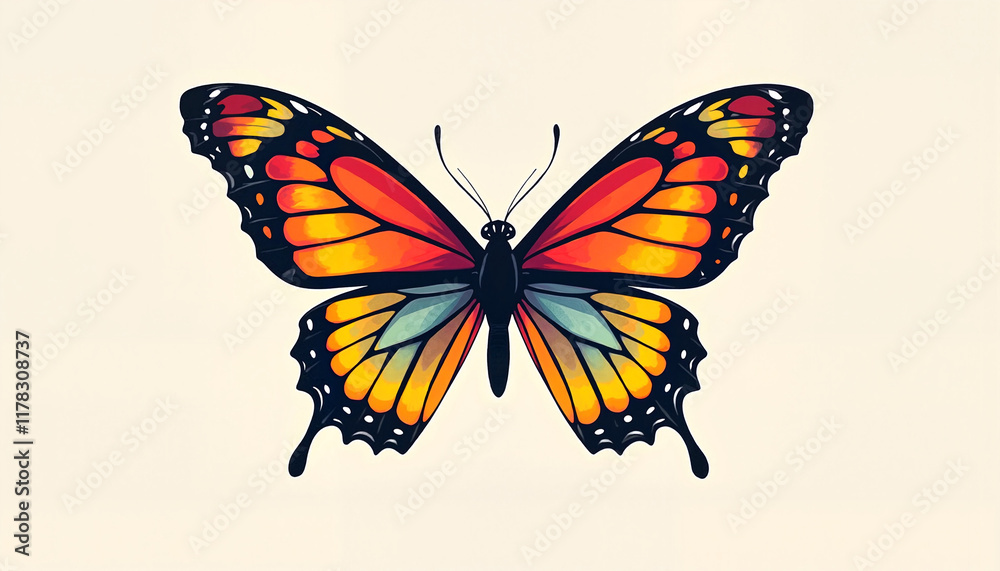 Obraz premium Detailed butterfly illustration in vibrant colors on soft background, artistic design, copy space