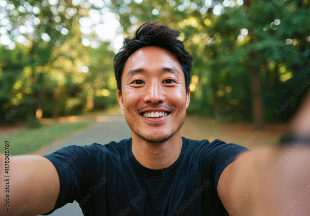 Cheerful Asian Man Taking Selfie in Lush Green Park Setting Cheerful Asian Man Taking Selfie in Lush Green Park Setting