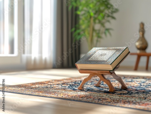 Quran on a wooden book stand in a mosque, with copy space. Close-up of a beautiful prayer rug with a blurred background. Background for Islamic wallpaper and design. 