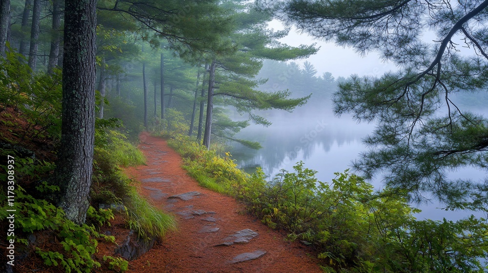 Misty morning trail beside a calm lake in a pine forest. Misty morning trail beside a calm lake in a pine forest.