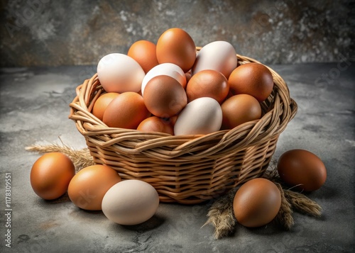 Fresh farm eggs nestled in a rustic wicker basket, beautifully photographed against a gray backdrop. photo