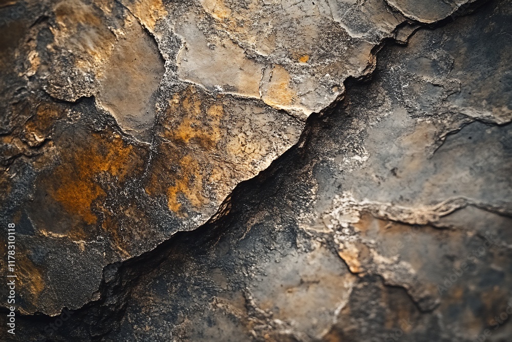 Close-up of rough, textured stone surface with brown, gray, and orange tones. Close-up of rough, textured stone surface with brown, gray, and orange tones.