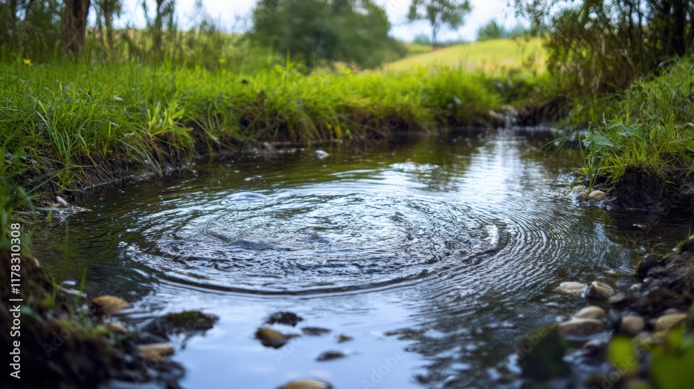 Fototapeta premium A small stream of water is flowing through a grassy area