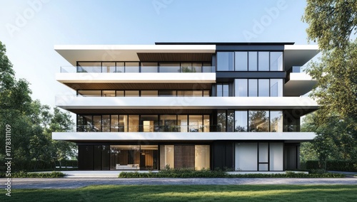 Modern apartment building with balconies and large windows.