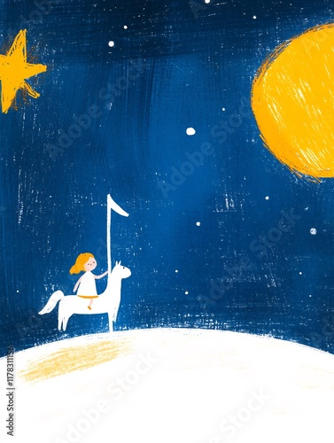 Charming Girl Rides Horse Under Night Sky: Whimsical Childlike Digital Illustration. AI Generated