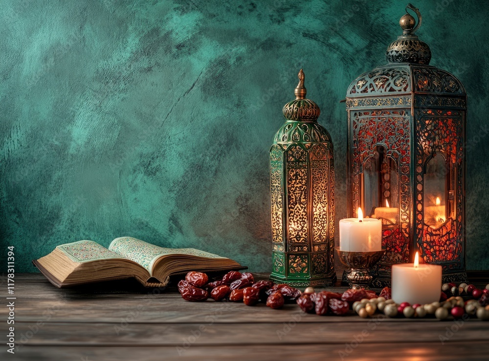 Fototapeta premium Ramadan background, in the color green, with Arabic lanterns and dates on the table, candlelight, a holy Quran, and rosary beads. Copy space for text. 