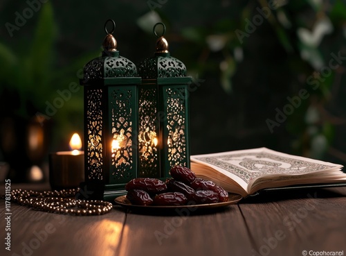 Ramadan background, in the color green, with Arabic lanterns and dates on the table, candlelight, a holy Quran, and rosary beads. Copy space for text.  photo