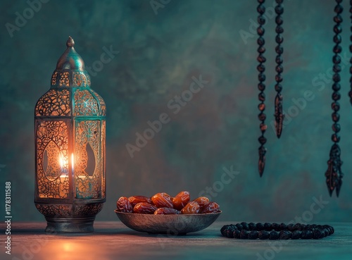Ramadan background, in the color green, with Arabic lanterns and dates on the table, candlelight, a holy Quran, and rosary beads. Copy space for text.  photo