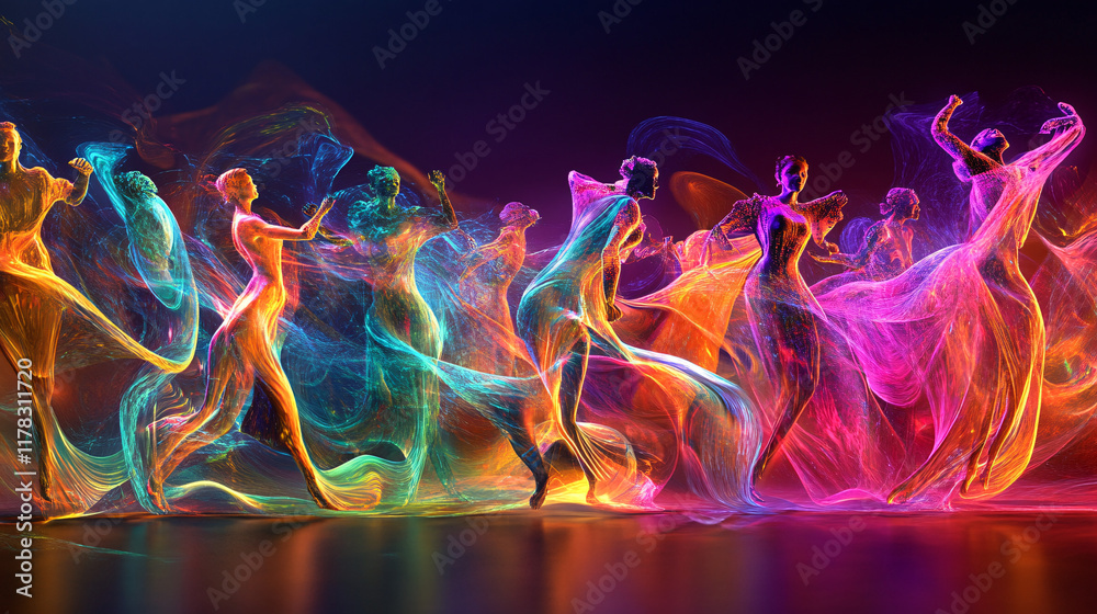 Fototapeta premium A vibrant depiction of a tribal dance ritual, with abstract figures moving in unison, their bodies creating dynamic shapes and energy in the night. 